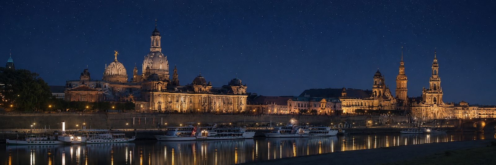 Dresden old town at night with floodlit Frauenkirche and Hofkirche, ships on the Elbe under a starry sky