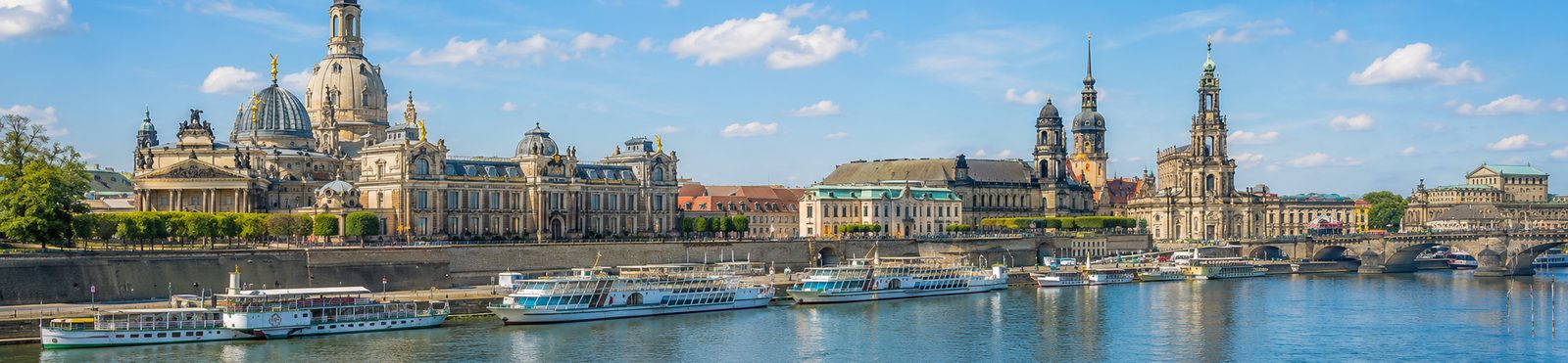 Dresden old town by day with Frauenkirche, the Elbe and ferry mooring